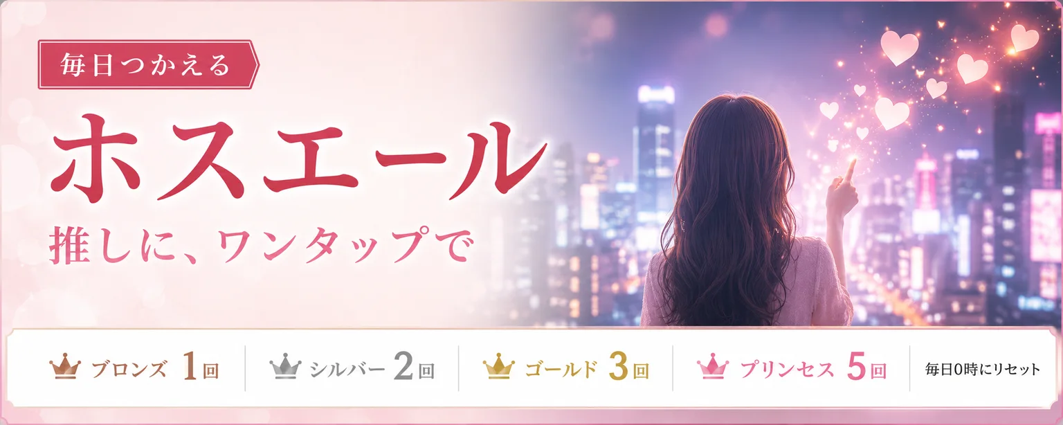 ホスエール。推しに、ワンタップで応援を。1日に送れる回数はブロンズ1回・シルバー2回・ゴールド3回・プリンセス5回で、毎日0時にリセットされます